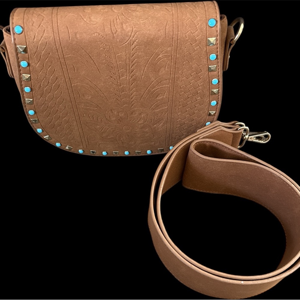 Kiss me Couture Brown Embossed Leather Bag with Stud Accents gorgeous boho bag